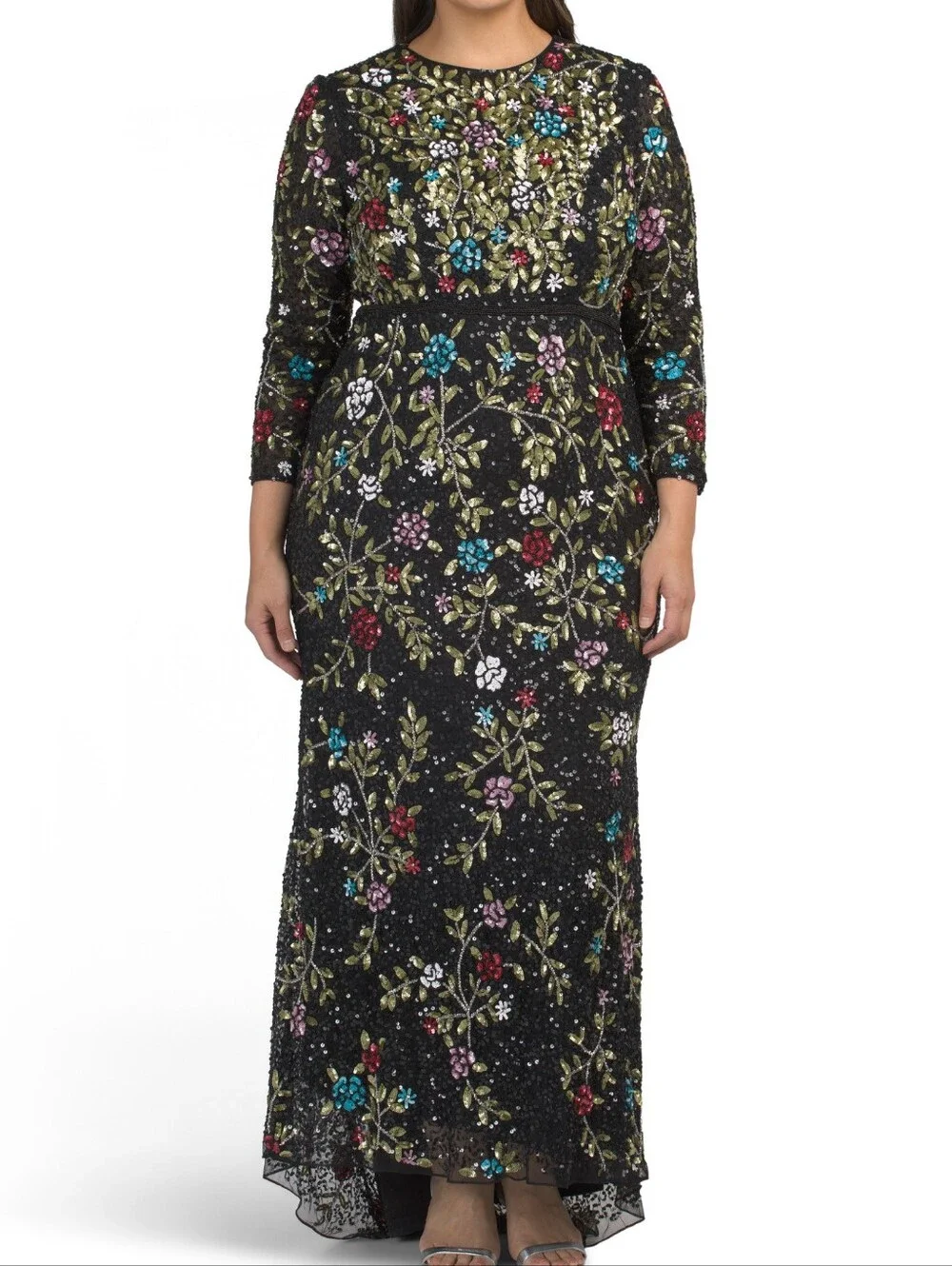 Mac Duggal Black Floral Embroidered Long-Sleeve Evening Gown
